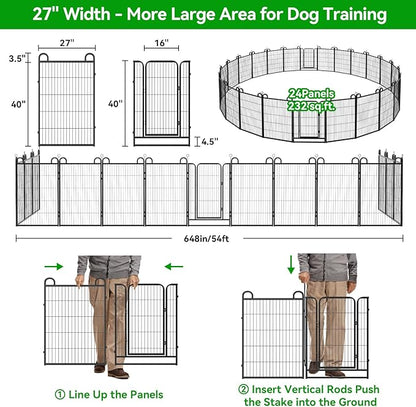 Dog Playpen Outdoor 24 Panels Heavy Duty Dog Fence 40" Height Anti-Rust with Doors Portable for RV Camping Yard, Total 54FT, 232 Sq.ft, Snowy Black