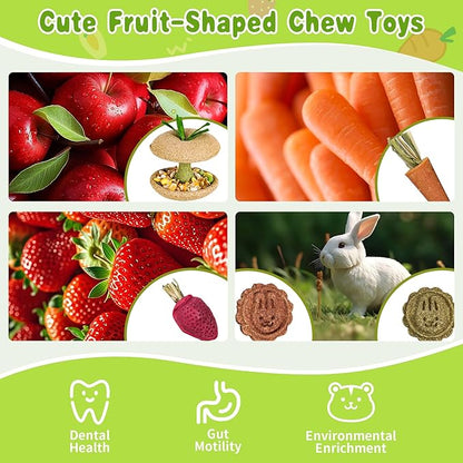 10 PCS Hamster Chew Toys, Guinea Pig Chew Toys for Teeth Natural Timothy Chinchilla Treats Apple Core, Grass Cake, Carrot and Strawberry for Gerbil, Rat, Rabbit and Small Animal Dental Care