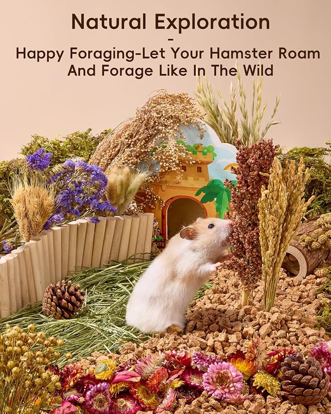 BUCATSTATE Natural Hamster Bedding - Flowers & Herbs & Sprays for Cage Habitat Decor - Treat Cereal Grain for Dwarf Syrian Gerbils, Mice, Rat, Forage, Enrichment (54PCS)