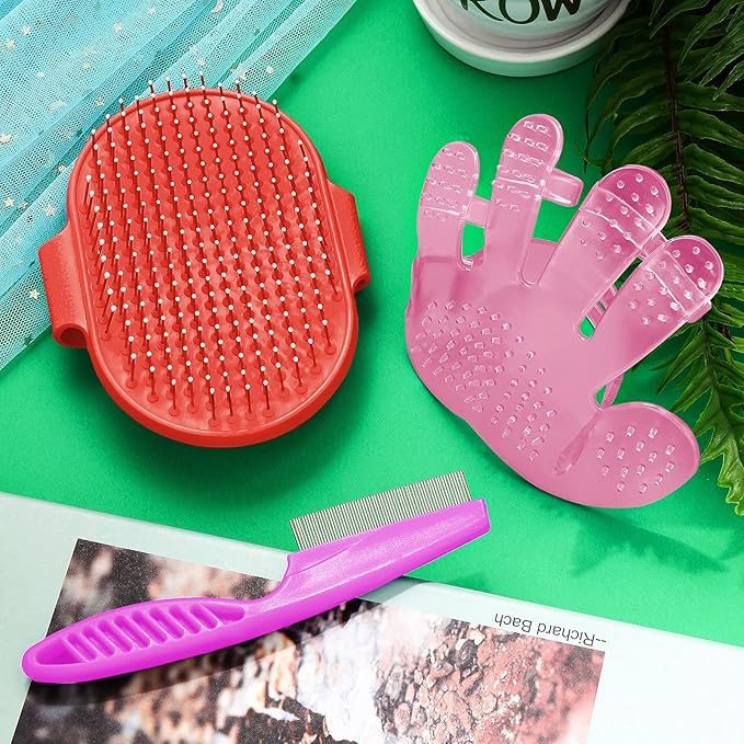 4 Pieces Bunny Grooming Kit with Rabbit Grooming Brush Pet Hair Remover Pet Nail Clipper Pet Comb Shampoo Bath Brush with Adjustable Ring Handle for Rabbit Hamster Bunny (Pink, Red)