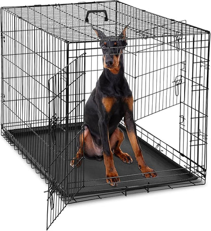 DUMOS Dog Crate, 48 Inch Extra Large Double Door Dog Cage with Divider Panel and Plastic Leak-Proof Pan Tray, Folding Metal Wire Pet Kennel for Indoor, Outdoor, Travel