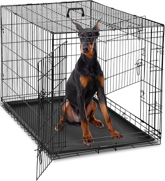 DUMOS Dog Crate, 48 Inch Extra Large Double Door Dog Cage with Divider Panel and Plastic Leak-Proof Pan Tray, Folding Metal Wire Pet Kennel for Indoor, Outdoor, Travel