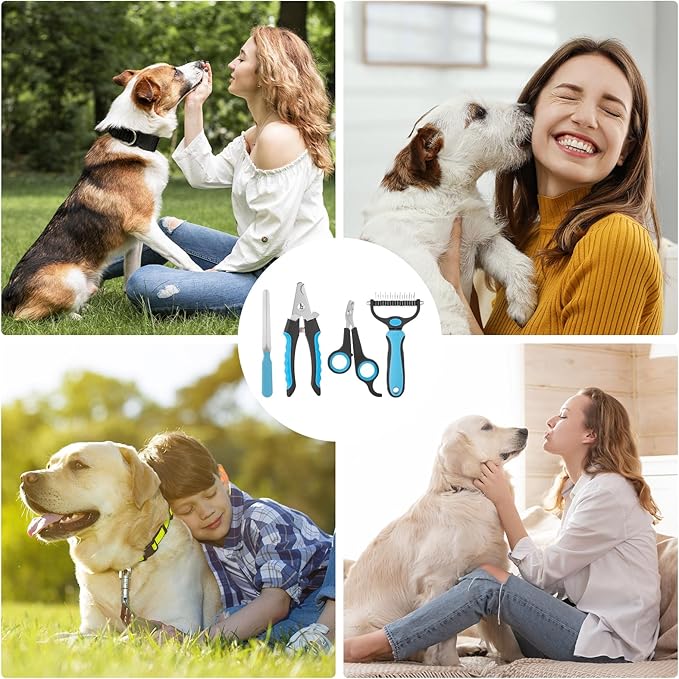 Professional Dog Nail Trimmers & Clippers with Safety Guard - 4-Piece Grooming Kit for Safe Painless Nail Trimming, Includes Pet Nail Clippers and Dog Brush for Shedding