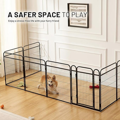 Dog Play Pen Indoors - 8 Panels 32" Playpens Indoor Safety Design Without Stakes, Threshold Free Door Ease to Access, Portable Fence Ground Anchors for Outdoor, Yard and RV Camping