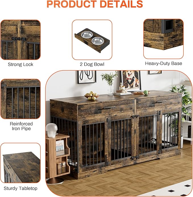 Rophefx 72" Dog Crate Furniture for 2 Dogs, Large Dog Kennel Furniture with 2 Storage Drawer and 4 Bowls, Wooden Dog Cage with Removable Divider, Indoor Dog House TV Stand for Medium Dog, Rustic Brown