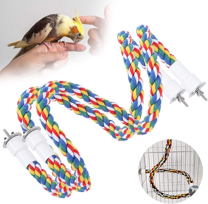 Cotton Rope Bird Perch, Spiral Bungee Toys for Parakeets, Cockatiels, Lovebirds, Finches, Colorful, 31.5 Inch, 2 Pack