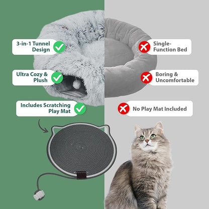 2-Pack Cat Tunnel Donut Bed and Cat Scratch Pad, Interactive Cat Tunnels for Indoor Cats, Fits Multiple Cats Up to 15 lbs, Cozy and Durable Cat Hideaway Toy for Kittens, Puppies, Rabbits (Grey)