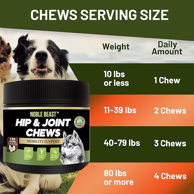 Noble Beast Dog Joint Supplement - Hip and Joint Care for Dogs - All Natural - Soft Chews with Glucosamine, Chondroitin, MSM & Hemp for Dog Joint Relief - Chicken Flavor  120 Count
