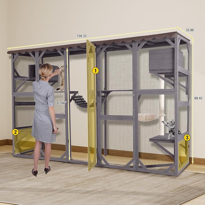 Aivituvin Cat Enclosure Window Outdoor Large Catio Wall Mounted Wooden Cat Cage with Cat Condo, Baskets and Bridge 104.3''