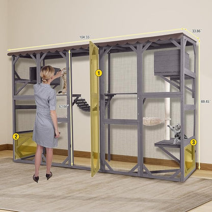 Aivituvin Cat Enclosure Window Outdoor Large Catio Wall Mounted Wooden Cat Cage with Cat Condo, Baskets and Bridge 104.3''