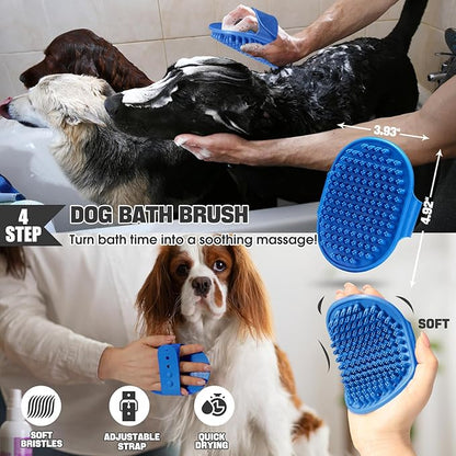 Dog slicker Brush for Dogs Grooming Kit 4PCS | Large Dog Brush for Goldendoodles Poodles Doodles | Long Pin Haired Brush | Dog Bath Brushes Flea Comb(Blue)