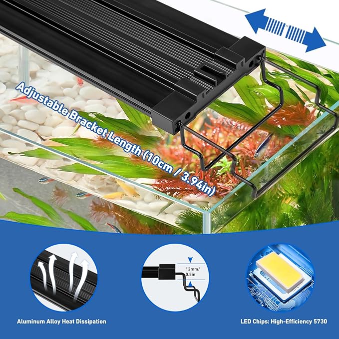 LED Aquarium Light for 36–44 Inch Fish Tanks – Timer with Auto On/Off, 10-Level Brightness, White/Blue/Red+White Modes, Extendable Brackets & Hanging Design (Rope Not Included) (36-44inch)