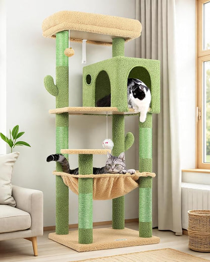 Globlazer Cactus Cat Tree Tower with Scratching Post for Indoor Cats, 53inch Tall Plush Multi-Level Cat Climbing Tower Condo with Large Hammock, Spacious Cat Cave, Padded Top Perch Bed, F53, Green