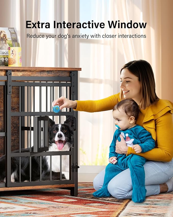 Dog Crate Furniture for Large Breed, Sliding Barn Door Dog Crate with Interactive Window for Anxiety Dogs, 360°Rotatable & Elevated Dogs Bowls, Wooden Dog Kennel Furniture, Dog Cage Furniture Indoor