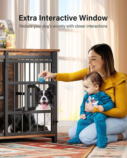 Dog Crate Furniture for Large Breed, Sliding Barn Door Dog Crate with Interactive Window for Anxiety Dogs, 360°Rotatable & Elevated Dogs Bowls, Wooden Dog Kennel Furniture, Dog Cage Furniture Indoor