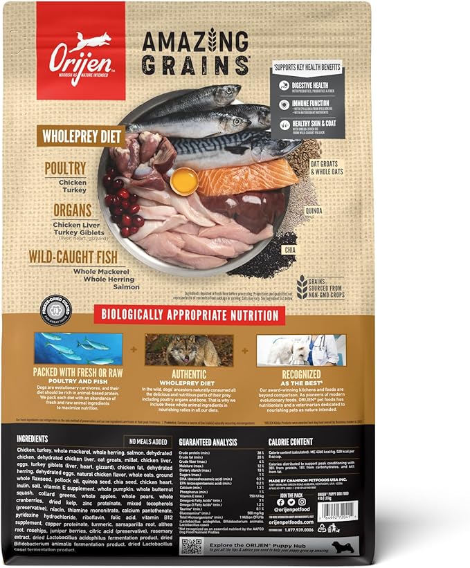 ORIJEN Amazing Grains Puppy Dry Dog Food, High Protein Dog Food for Puppies, Fresh or Raw Ingredients, 4lb