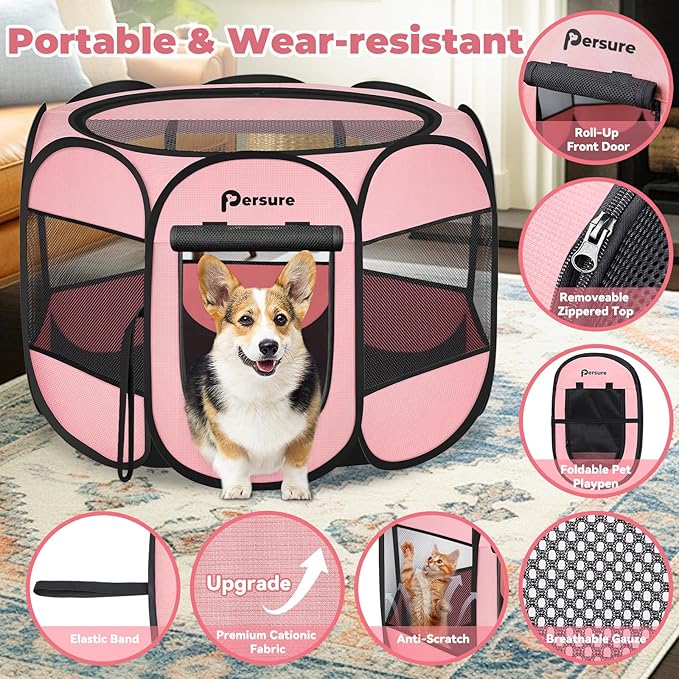 Dog Cat Playpen Indoor Outdoor for Puppy Pet Dogs Cat Recovery After Surgery, Dog Tent Crates Cage Indoor/Outdoor, Portable Pop Up Dog Kennel with Carrying Case for Travel (Premium Pink, Medium)