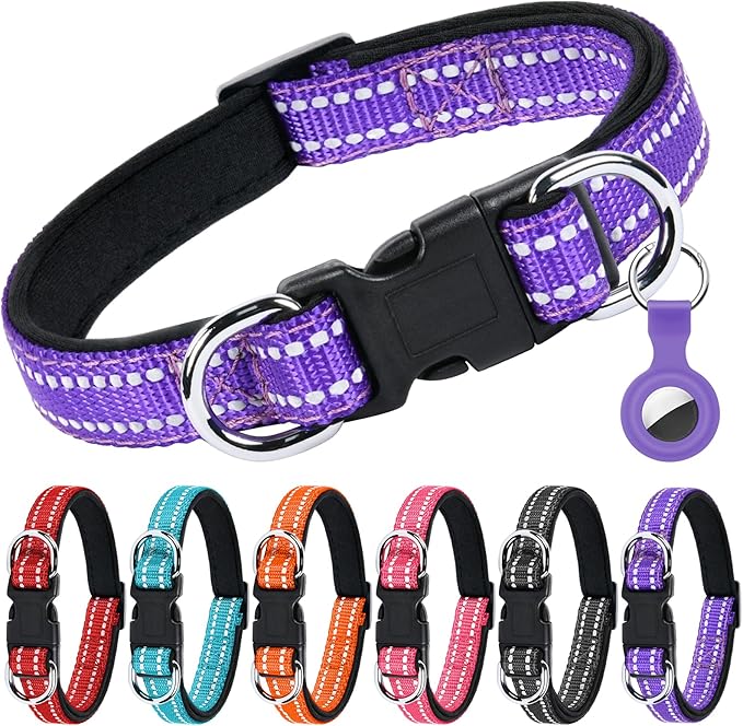 AUAUY Reflective Nylon Dog Collars, Adjustable Classic Pet Collars with Soft Neoprene Padding, Double Security Dual D-Ring and Quick Release Buckle for Small Puppy, Medium and Large Dogs (Purple-S)