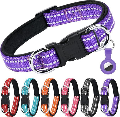 AUAUY Reflective Nylon Dog Collars, Adjustable Classic Pet Collars with Soft Neoprene Padding, Double Security Dual D-Ring and Quick Release Buckle for Small Puppy, Medium and Large Dogs (Purple-S)