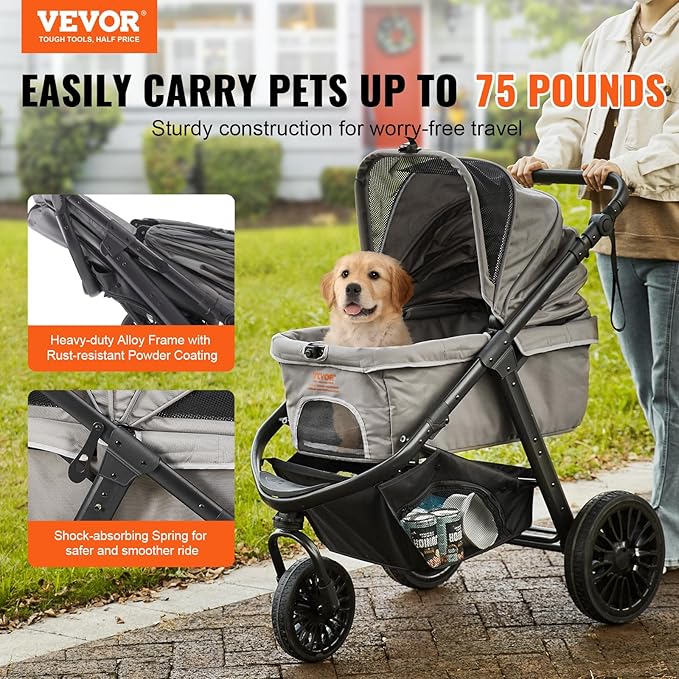 VEVOR Large Pet Stroller for Dogs Cats up to 75lbs, 3 Wheels Folding Cat Dog Stroller, Portable Pet Jogging Stroller with Storage Basket, Adjutable Handle Height and Zipperless Canopy