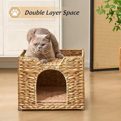 Cat Houses for Indoor Cats, Handwoven Cat Cave Pet Cube, Natural Pet Cat House, Cat Beds with Double-Sided Mat, Cat Condo Hideaway in Living Room Bedroom