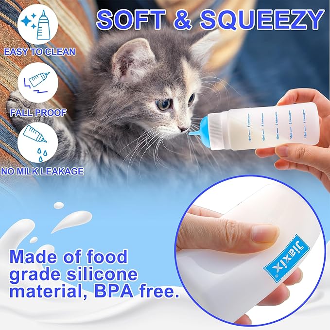 3 Pack Kitten Silicone Bottle Feeding Kit,Nipple & Feeding Kit for Kittens, Reusable Newborn Kitten Supplies, Suitable for Feeding Kitten, Puppy, Rabbit,Hamster (Blue, Medium)