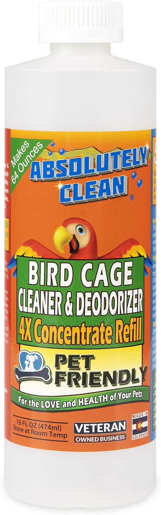Absolutely Clean Amazing Bird Cage Cleaner and Deodorizer - Just Spray/Wipe - Safely & Easily Removes Bird Messes Quickly and Easily - USA Made - Fragrance Free (4X Concentrate - 16oz Makes 64oz)