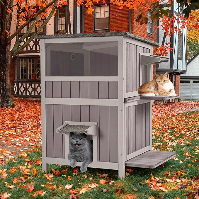 Aivituvin Outdoor Heated Cat House, Two-Story Feral Cat Shelter, Wooden Cat Condos, Weatherproof Cat Enclosure for Winter with Escape Doors