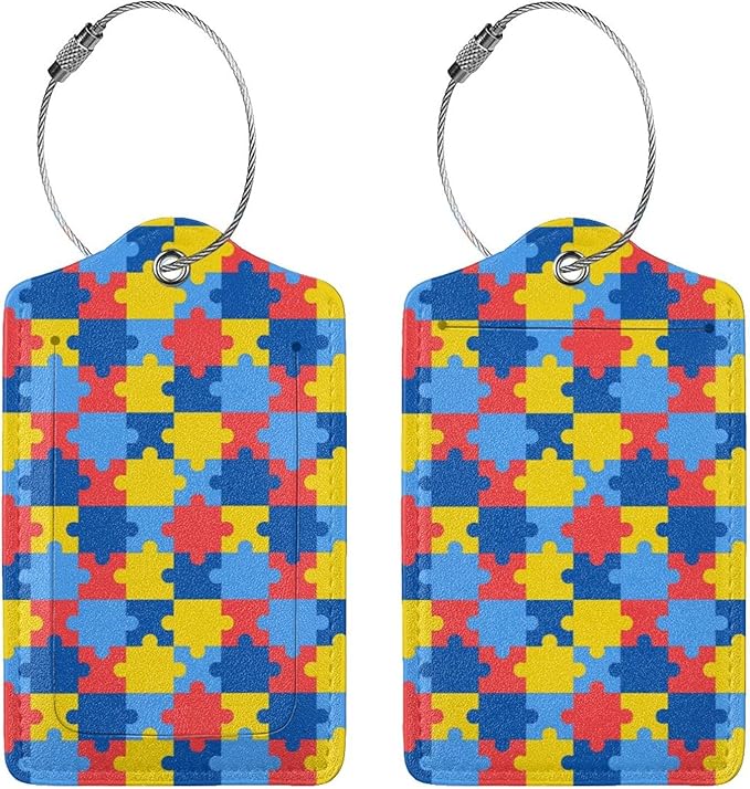 2 Pcs Autism Luggage Tag for Suitcase, Cute Autism Awareness Day Puzzle Piece Tags Birthday Gift for Men Women Outdoor Travel, Identifiers Privacy Cover ID Label with Steel Loop