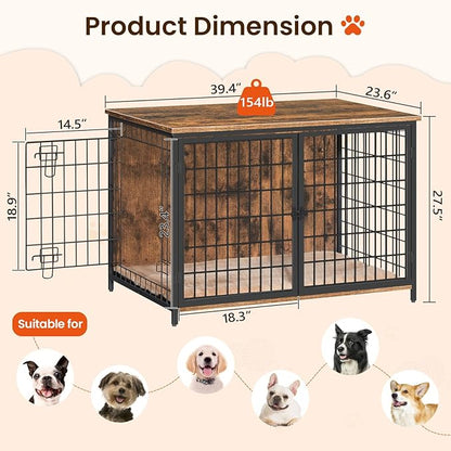 Dog Crate Furniture with Cushion, Wooden Dog Kennel with Double Doors, Heavy Duty Dog Cage for Small/Medium/Large Dogs, Indoor Dog House End Table, 39.4" L, Rustic Brown DCHR10701