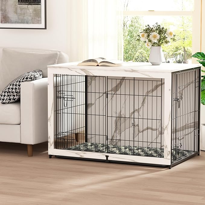 Megidok Wooden Dog Crate Furniture with Cushion, Dog Crate End Table with Tray, Double Doors Dog Crate(*L:43.1" L*28.6" W*30.3" H, Marble White)