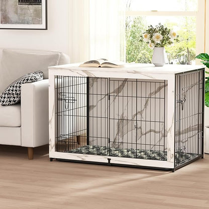 Megidok Wooden Dog Crate Furniture with Cushion, Dog Crate End Table with Tray, Double Doors Dog Crate(*L:43.1" L*28.6" W*30.3" H, Marble White)