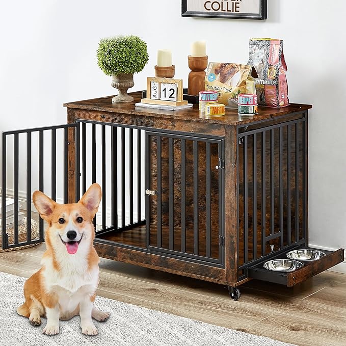 Rovibek Dog Crate Furniture for Large Dogs, 38.58 Inch, Large Dog Kennel Indoor with 2 Removable Dog Bowls, Flip-Up Top Opening and Wheels, Medium Dog Crate, Brown