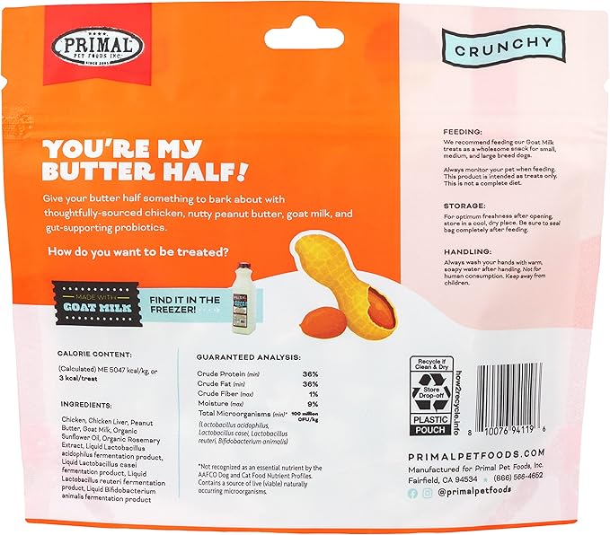 Primal Freeze Dried Dog Treats; Chicken & Peanut Butter Dog Treats with Goat Milk for Dogs, You're My Butter Half, Grain Free Training Treats for Dogs with Probiotics, 2 oz