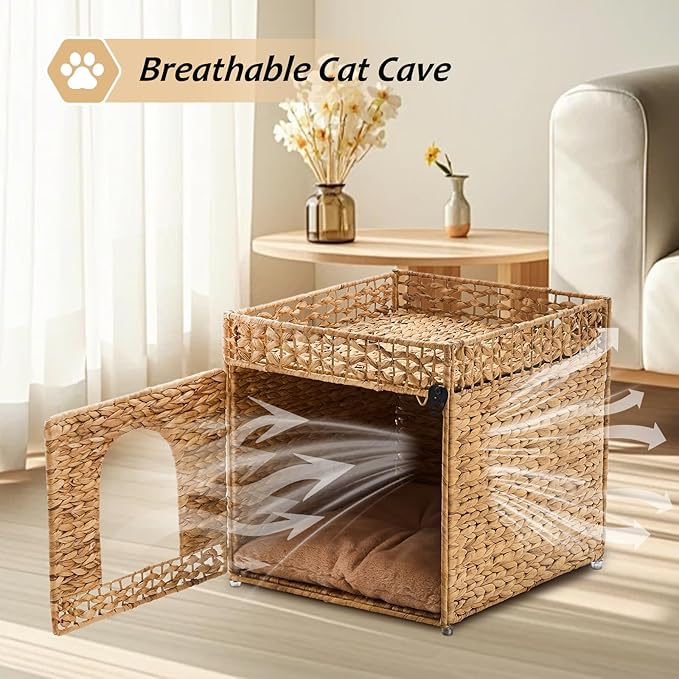 Cat House, Natural Cat Cave Pet Cube, Handwoven Cat Beds Indoor Cat Hideaway with Bed Mats, Double-Layer Design, for Multi Small Pet in Living Room Bedroom