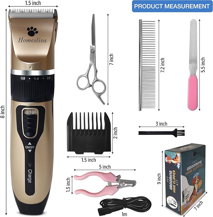 Dog Grooming Shaver Kit Clippers Low Noise Rechargeable Cordless Electric Quiet Hair Clippers Set for Dogs Cats Pets (Gold)