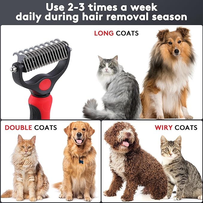 Tpotato Deshedding Dog Brush for Long Haired Dogs Cats,Undercoat Shedding Rake for Dematting Detangling Tangles Matted Fur and Knots,Free Pet Comb,Professional Pet Grooming Supplies Tool Kit,Red
