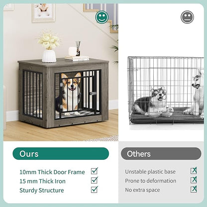 YITAHOME 32.5" L Dog Crate Furniture for Medium Dogs, 2-in-1 Iron-Wood Fusion Dog cage Indoor up to 40 lb, Side End Table, Modern Dogs Kennel with Waterproof Top, Safety Corners,Steel Lock,Grey