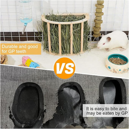 2PCS Guinea Pig Hay Feeder - Wooden Rabbit & Bunny Hay Holder Hanging Rack with Instructions - Suitable for Chinchilla, Ferret & Rabbit Cages