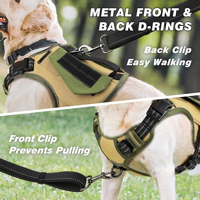 WINGOIN Tactical Dog Harness for Large Dogs, No Pull Harness with Handle 2 Pockets Poop Bag, Reflective Dog Vest, Military Service Heavy Duty Big Dog Harness for Walking Hiking Training, Khaki, L