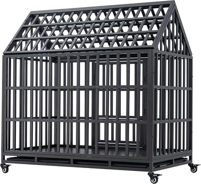 48inch Metal Heavy Duty Dog Cage with Door and Roof Doors of 2 Patent Latches,Pet Crate Doggy Kennel,w/ 2 Plastic Pans & 4 Lockable Caster Wheels,for Large or Medium Size Pets,Black