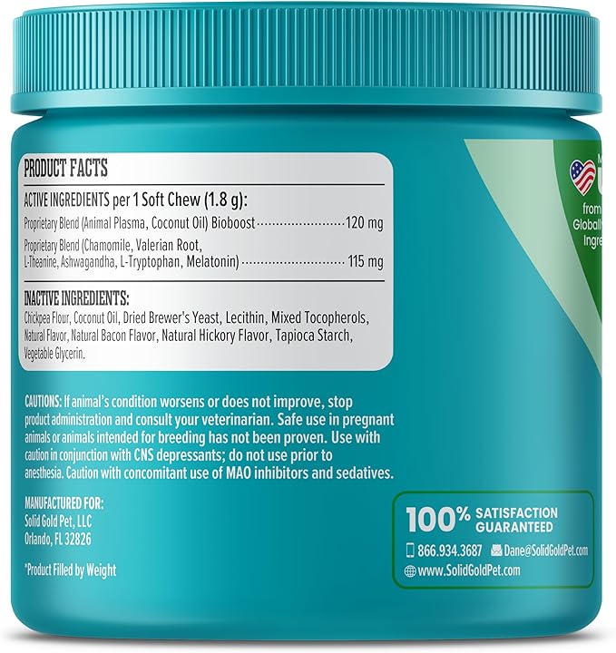 Solid Gold Calming Chews for Dogs - Dog Calming Chews W/Melatonin for Separation, Stress & Hyperactivity Relief - Supports Relaxation for Travel, Fireworks & Storms - All Ages & Sizes - Bacon - 60ct