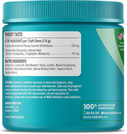 Solid Gold Calming Chews for Dogs - Dog Calming Chews W/Melatonin for Separation, Stress & Hyperactivity Relief - Supports Relaxation for Travel, Fireworks & Storms - All Ages & Sizes - Bacon - 60ct