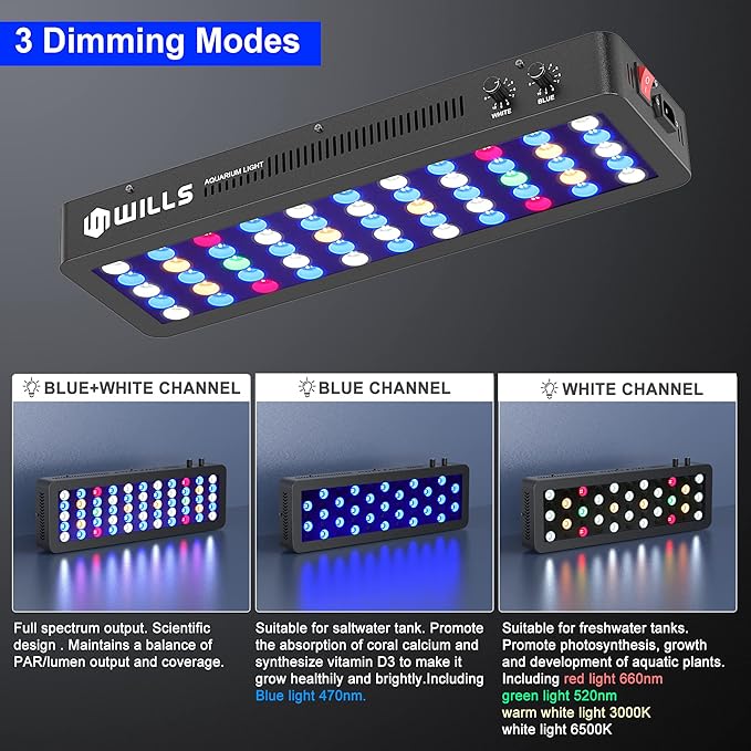 WILLS Full Spectrum Aquarium Light, Reef Lights for Coral with Dual Dimmable Channels, 55 Premium SMD Chips, Daisy Chain Design, Hanging Saltwater Fish Tank Light for SPS/LPS Coral Reef (165W/Black)