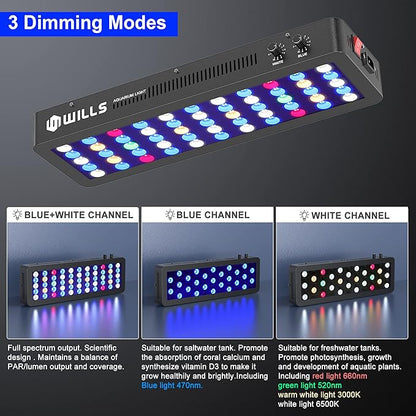 WILLS Full Spectrum Aquarium Light, Reef Lights for Coral with Dual Dimmable Channels, 55 Premium SMD Chips, Daisy Chain Design, Hanging Saltwater Fish Tank Light for SPS/LPS Coral Reef (165W/Black)