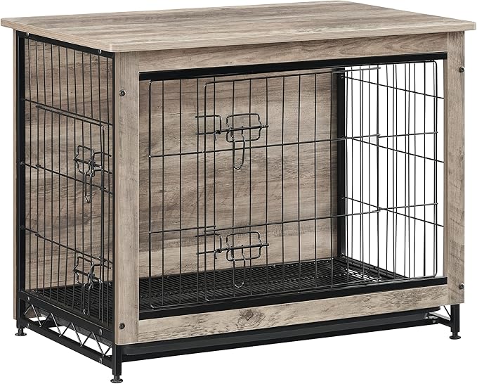 Feandrea Dog Crate Furniture, 32.5" Side End Table, Modern Kennel for Dogs Indoor up to 45 lb, Heavy-Duty Dog Cage with Multi-Purpose Removable Tray, Double-Door Dog House, Greige UPFC002G01