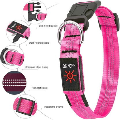 BSEEN Light Up Dog Collars - Glowing LED Dog Collar, Reflective Puppy Collar, Adjustable Lighted Dog Collar, Rechargeable Pet Collar for Night Walking (Pink-II, Large)