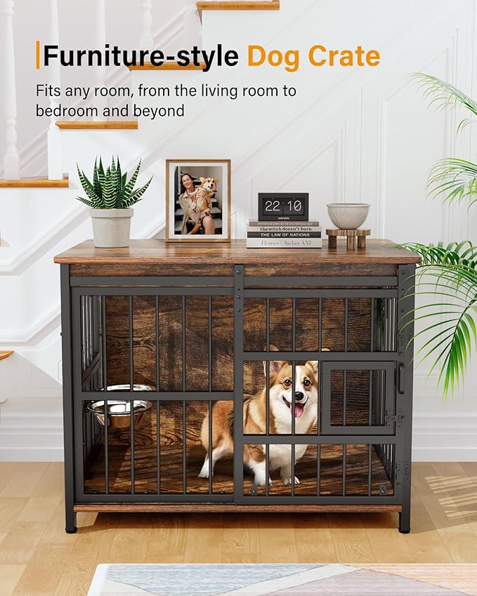 Furniture Dog Crate for Medium Dogs: Interactive Window for Anxiety Dogs, 360°Rotatable & Elevated Bowls, Heavy Duty Wooden Dog Kennel/Cage for Indoor, Double Door with Sliding Door