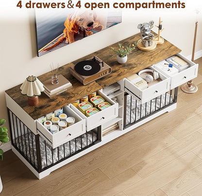 IDEALHOUSE 82” Large Dog Crate for 2 Dogs, Dog Kennel Indoor with 4 Drawers and Shelves, Double Dog Crate Furniture TV Stand, Wooden Dog Cage for Medium Large Dogs, White