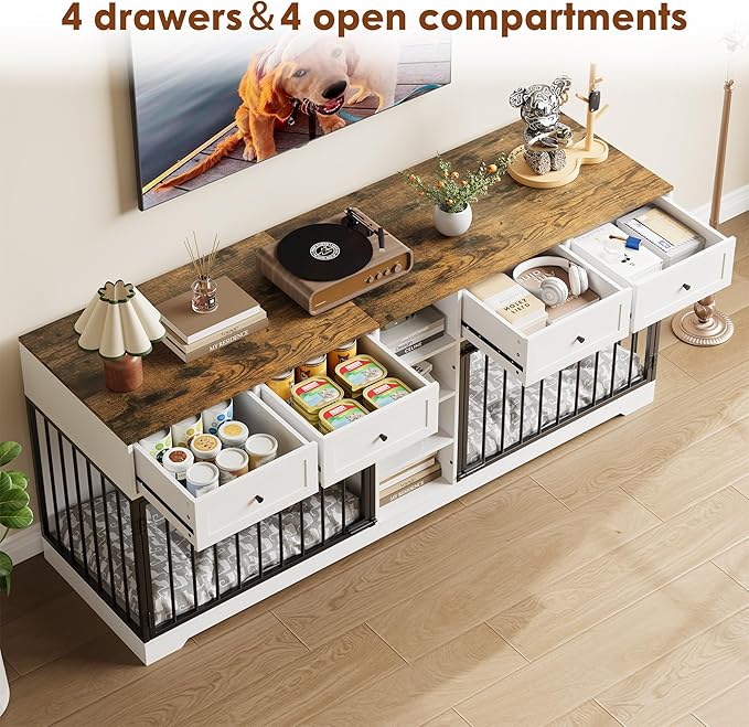 82 Double Dog Crate Furniture, Large Dog Kennel Indoor for 2 Dogs, Heavy Duty Wooden Dog Crate TV Stand with 4 Drawers and Shelves, White